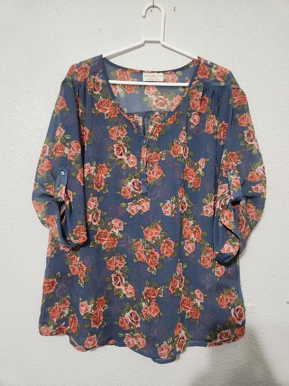 Bobbie Brooks Navy Blue Floral Henley Blouse